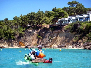 The team used two kayaks as a stretcher